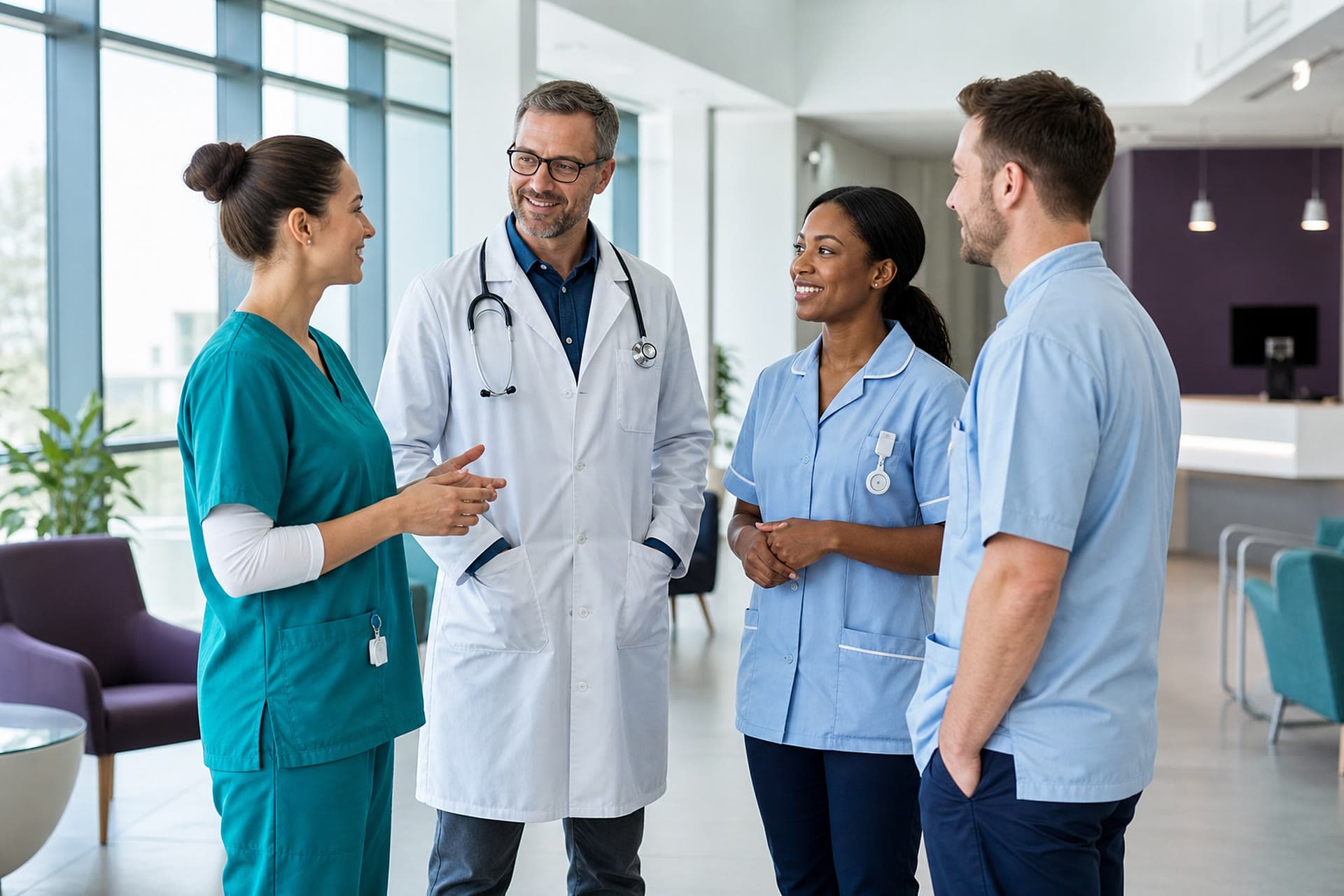 Pflegekräfte und Ärztin im Gespräch in einer hellen Klinik